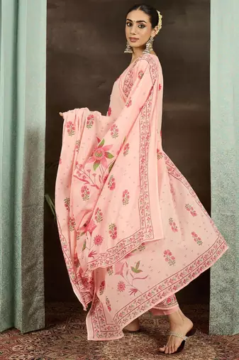 Floral Printed Round Neck Pure Cotton Anarkali Kurta With Trousers & Dupatta