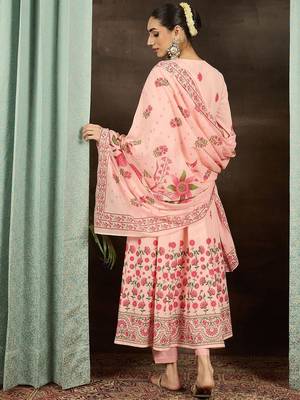 Floral Printed Round Neck Pure Cotton Anarkali Kurta With Trousers & Dupatta 5