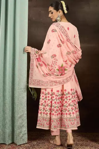 Floral Printed Round Neck Pure Cotton Anarkali Kurta With Trousers & Dupatta