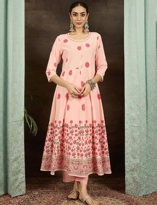 Floral Printed Round Neck Pure Cotton Anarkali Kurta With Trousers & Dupatta 6