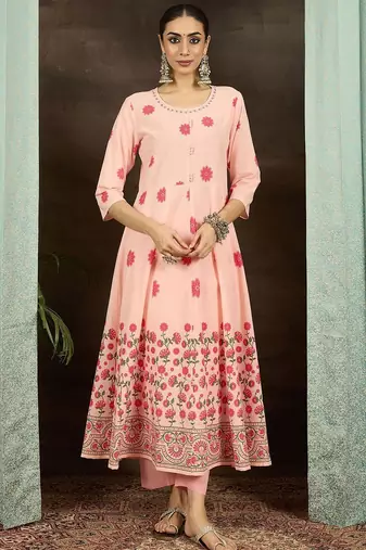 Floral Printed Round Neck Pure Cotton Anarkali Kurta With Trousers & Dupatta