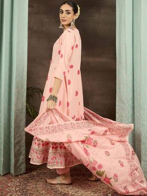 Floral Printed Round Neck Pure Cotton Anarkali Kurta With Trousers & Dupatta 7