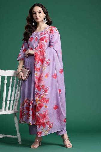 Floral Printed Regular Pure Cotton Kurta with Trousers & Dupatta