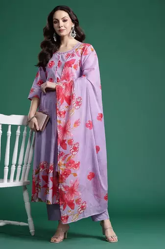 Floral Printed Regular Pure Cotton Kurta with Trousers & Dupatta