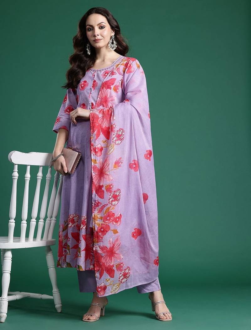 Floral Printed Regular Pure Cotton Kurta with Trousers & Dupatta