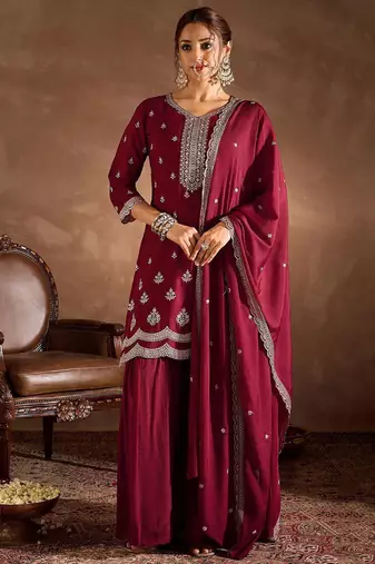 Ethnic Motifs Embroidered Sequinned Straight Kurta With Sharara And Dupatta