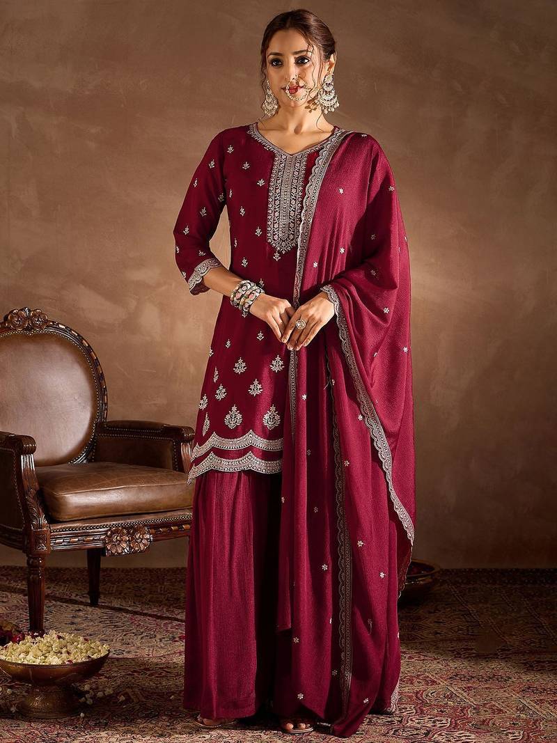 Ethnic Motifs Embroidered Sequinned Straight Kurta With Sharara And Dupatta