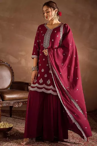 Ethnic Motifs Embroidered Sequinned Straight Kurta With Sharara And Dupatta