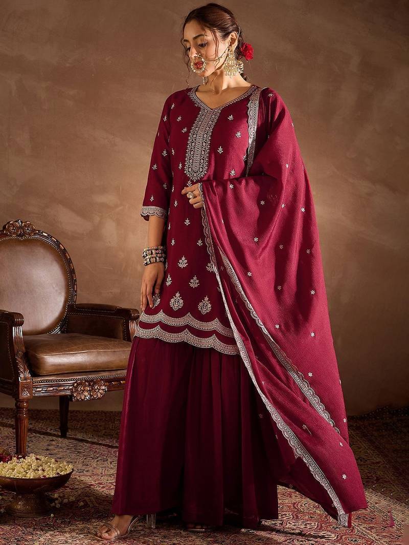 Ethnic Motifs Embroidered Sequinned Straight Kurta With Sharara And Dupatta