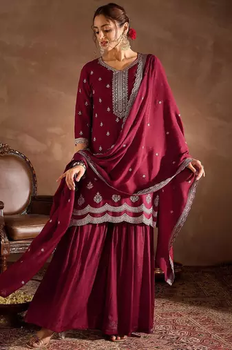 Ethnic Motifs Embroidered Sequinned Straight Kurta With Sharara And Dupatta