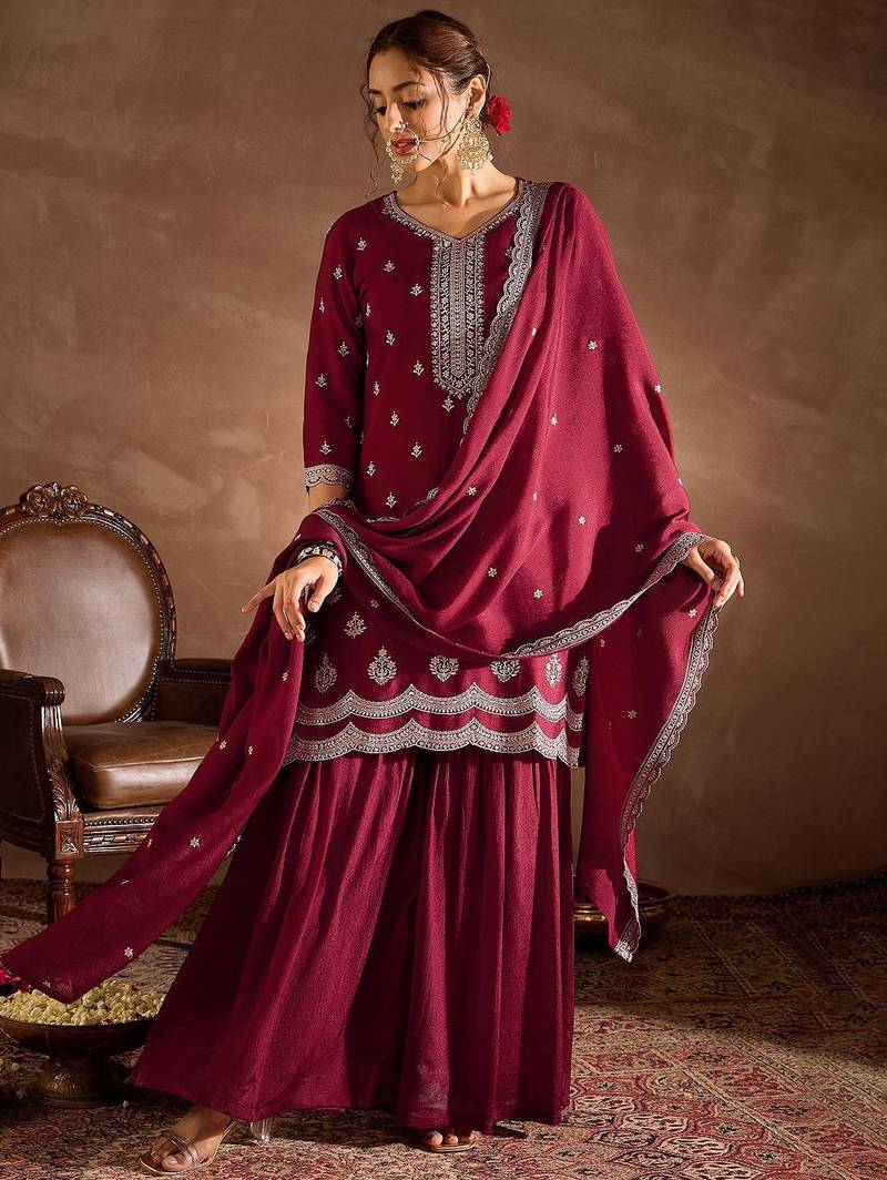Ethnic Motifs Embroidered Sequinned Straight Kurta With Sharara And Dupatta