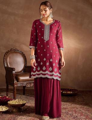 Ethnic Motifs Embroidered Sequinned Straight Kurta With Sharara And Dupatta 6
