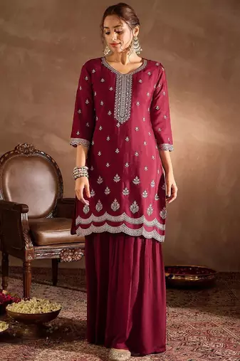 Ethnic Motifs Embroidered Sequinned Straight Kurta With Sharara And Dupatta
