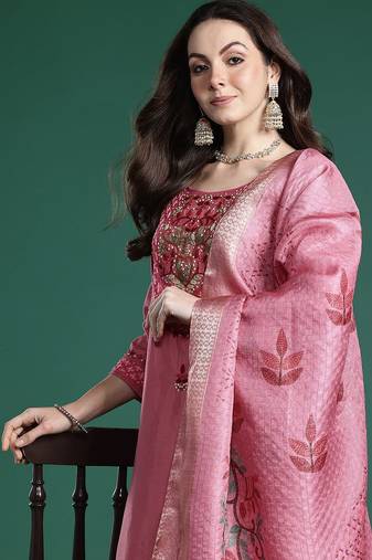 Floral Embroidered Thread Work Kurta with Trousers & With Dupatta