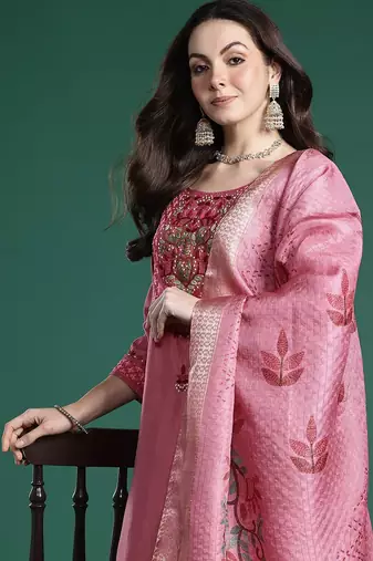 Floral Embroidered Thread Work Kurta with Trousers & With Dupatta