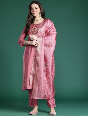 Floral Embroidered Thread Work Kurta with Trousers & With Dupatta 5