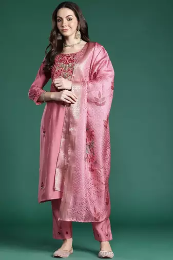 Floral Embroidered Thread Work Kurta with Trousers & With Dupatta