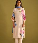 Floral Printed Beads And Stones Linen Kurta Wiith Trousers And Dupatta