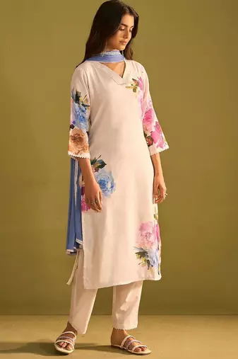 Floral Printed Beads And Stones Linen Kurta Wiith Trousers And Dupatta
