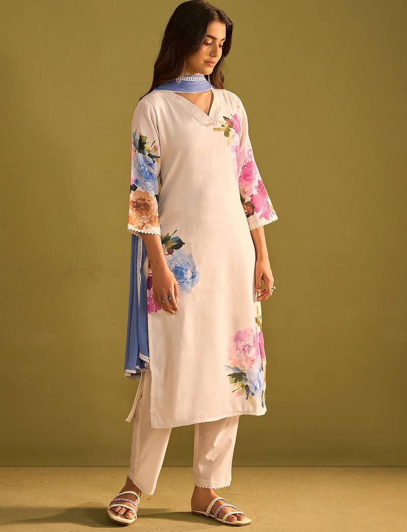 Floral Printed Beads And Stones Linen Kurta Wiith Trousers And Dupatta