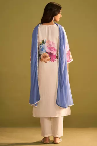 Floral Printed Beads And Stones Linen Kurta Wiith Trousers And Dupatta