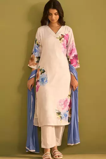 Floral Printed Beads And Stones Linen Kurta Wiith Trousers And Dupatta