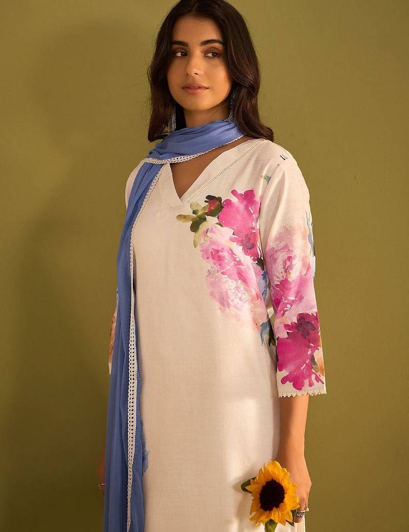 Floral Printed Beads And Stones Linen Kurta Wiith Trousers And Dupatta