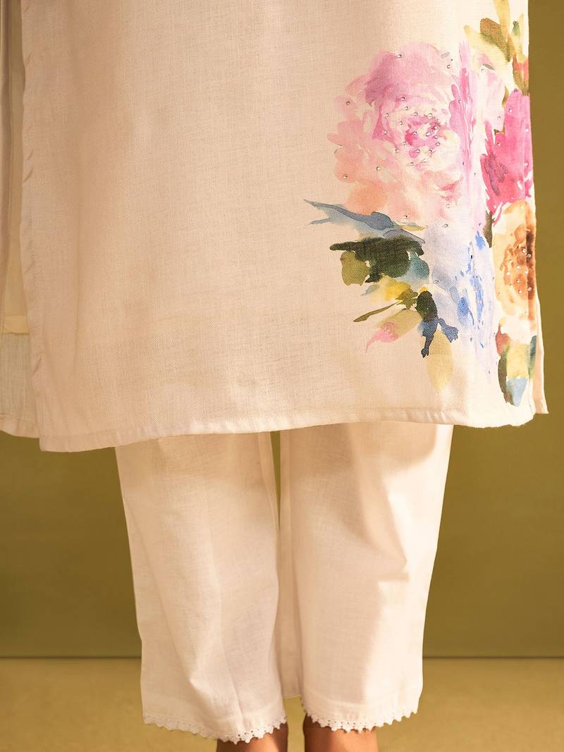 Floral Printed Beads And Stones Linen Kurta Wiith Trousers And Dupatta