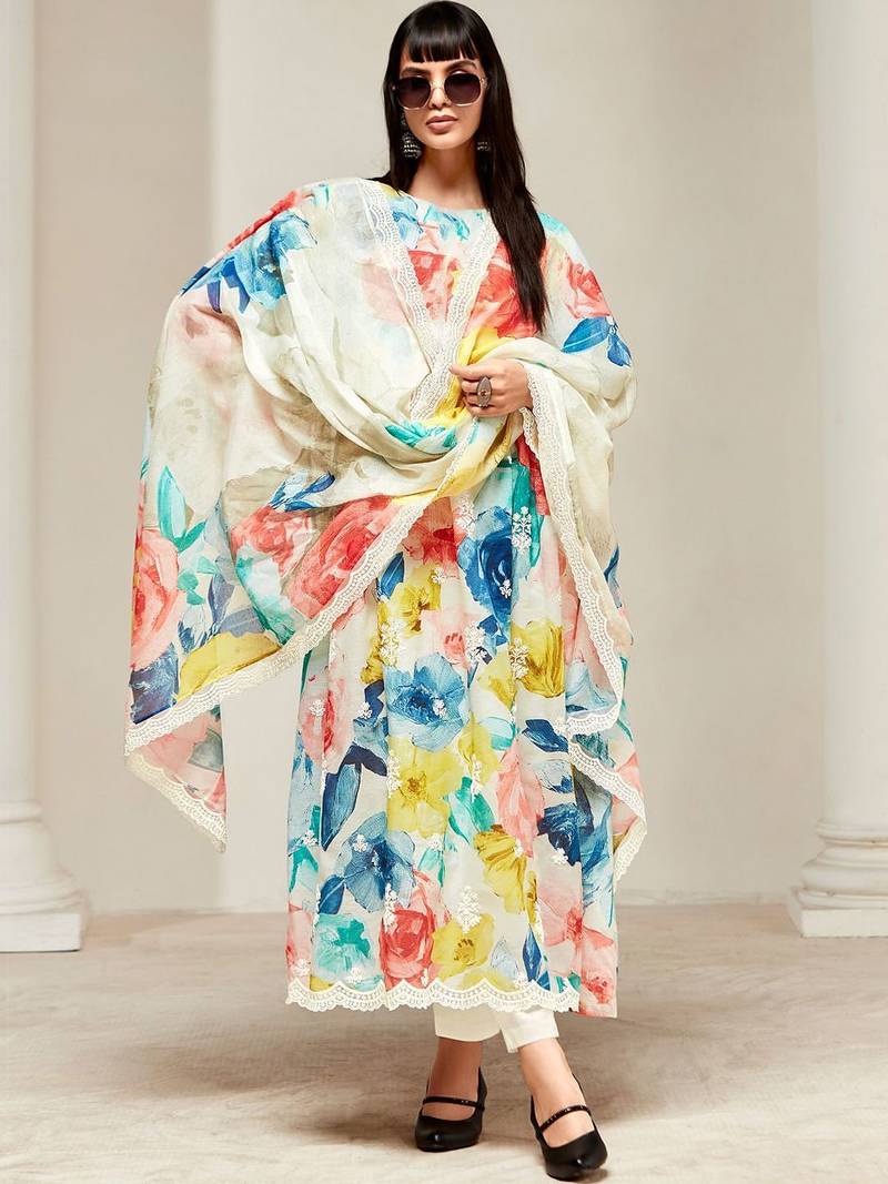 Women Floral Embroidered Empire Thread Work Kurta with Trousers & With Dupatta