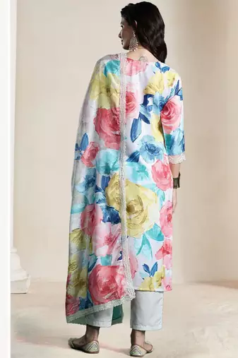 Women Floral Embroidered Empire Thread Work Kurta with Trousers & With Dupatta