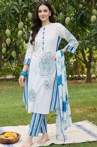 Women Floral Printed Regular Pure Cotton Kurta with Trousers & With Dupatta