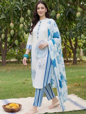 Women Floral Printed Regular Pure Cotton Kurta with Trousers & With Dupatta 4