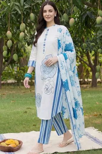 Women Floral Printed Regular Pure Cotton Kurta with Trousers & With Dupatta