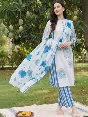 Women Floral Printed Regular Mirror Work Pure Cotton Kurta with Trousers & With Dupatta 1
