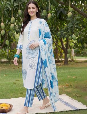 Women Floral Printed Regular Mirror Work Pure Cotton Kurta with Trousers & With Dupatta 4
