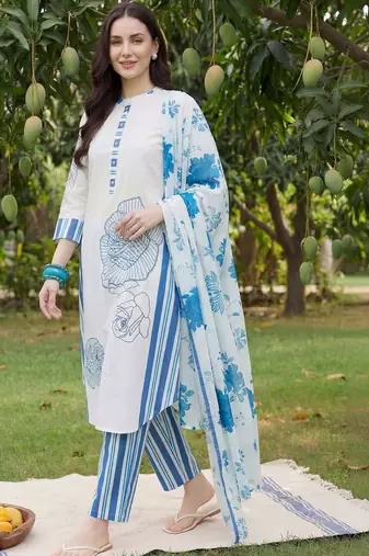 Women Floral Printed Regular Mirror Work Pure Cotton Kurta with Trousers & With Dupatta