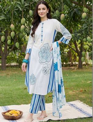 Women Floral Printed Regular Mirror Work Pure Cotton Kurta with Trousers & With Dupatta 5