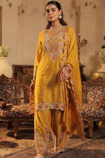 Women Paisley Embroidered Kurta with Palazzos & Dupatta