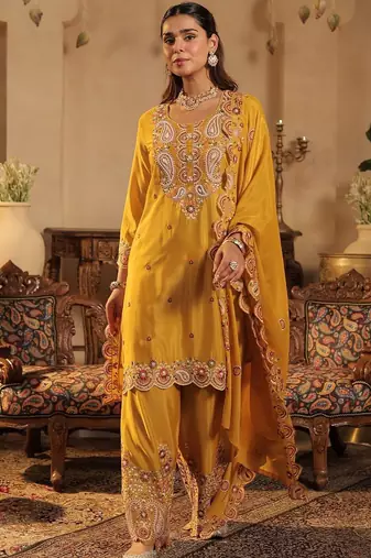 Women Paisley Embroidered Kurta with Palazzos & Dupatta