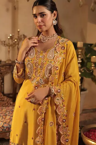 Women Paisley Embroidered Kurta with Palazzos & Dupatta