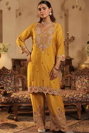 Women Paisley Embroidered Kurta with Palazzos & Dupatta