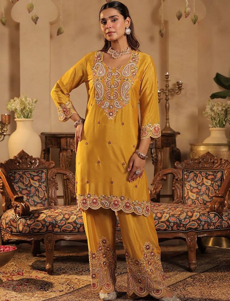 Women Paisley Embroidered Kurta with Palazzos & Dupatta