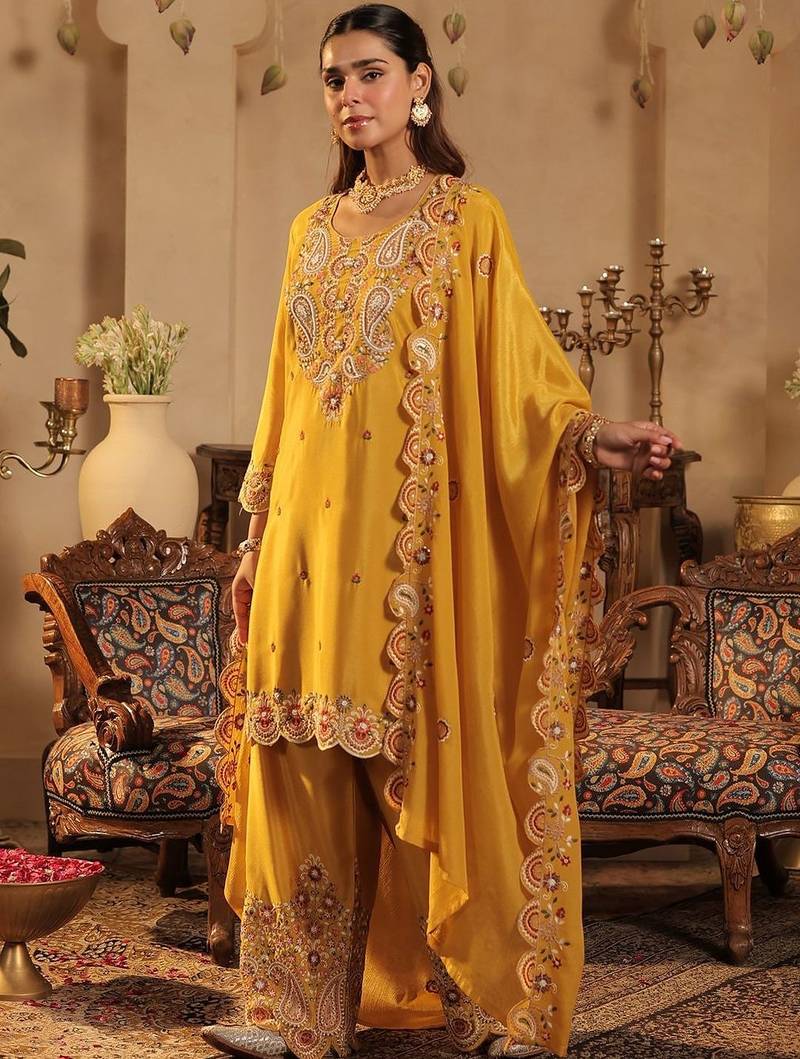 Women Paisley Embroidered Kurta with Palazzos & Dupatta