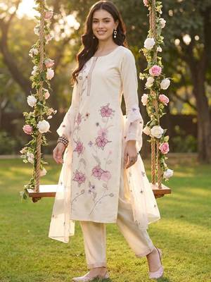 Women Floral Embroidered Regular Thread Work Kurta with Trousers & With Dupatta 6