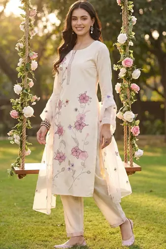 Women Floral Embroidered Regular Thread Work Kurta with Trousers & With Dupatta