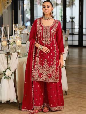 Women Ethnic Motifs Embroidered Regular Thread Work Kurta with Sharara & With Dupatta 1