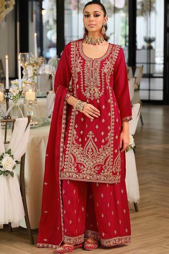 Women Ethnic Motifs Embroidered Regular Thread Work Kurta with Sharara & With Dupatta