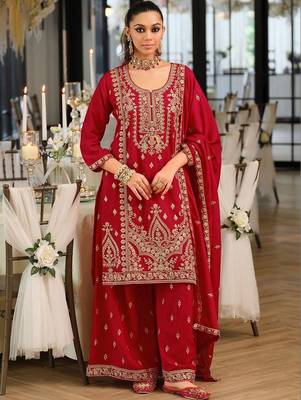 Women Ethnic Motifs Embroidered Regular Thread Work Kurta with Sharara & With Dupatta 5