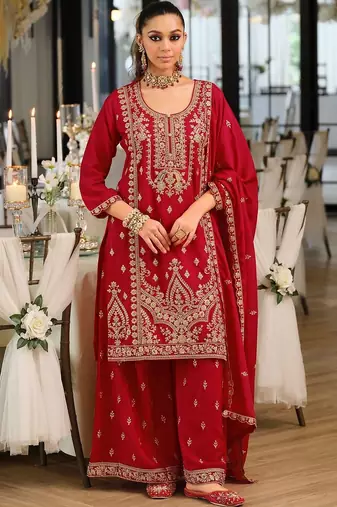 Women Ethnic Motifs Embroidered Regular Thread Work Kurta with Sharara & With Dupatta