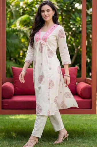 Women Ethnic Motifs Printed Empire Mirror Work Pure Cotton Kurta with Trousers